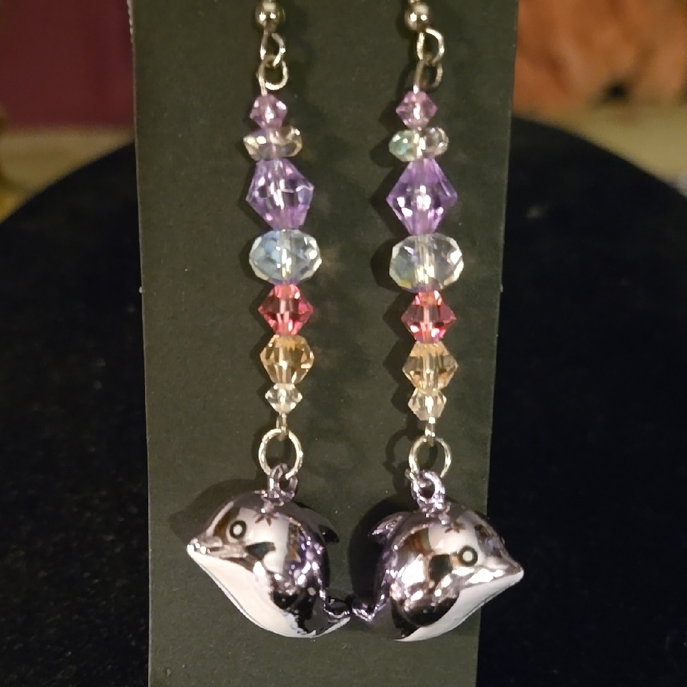 Silver and Pink Dolphin Bell Earrings